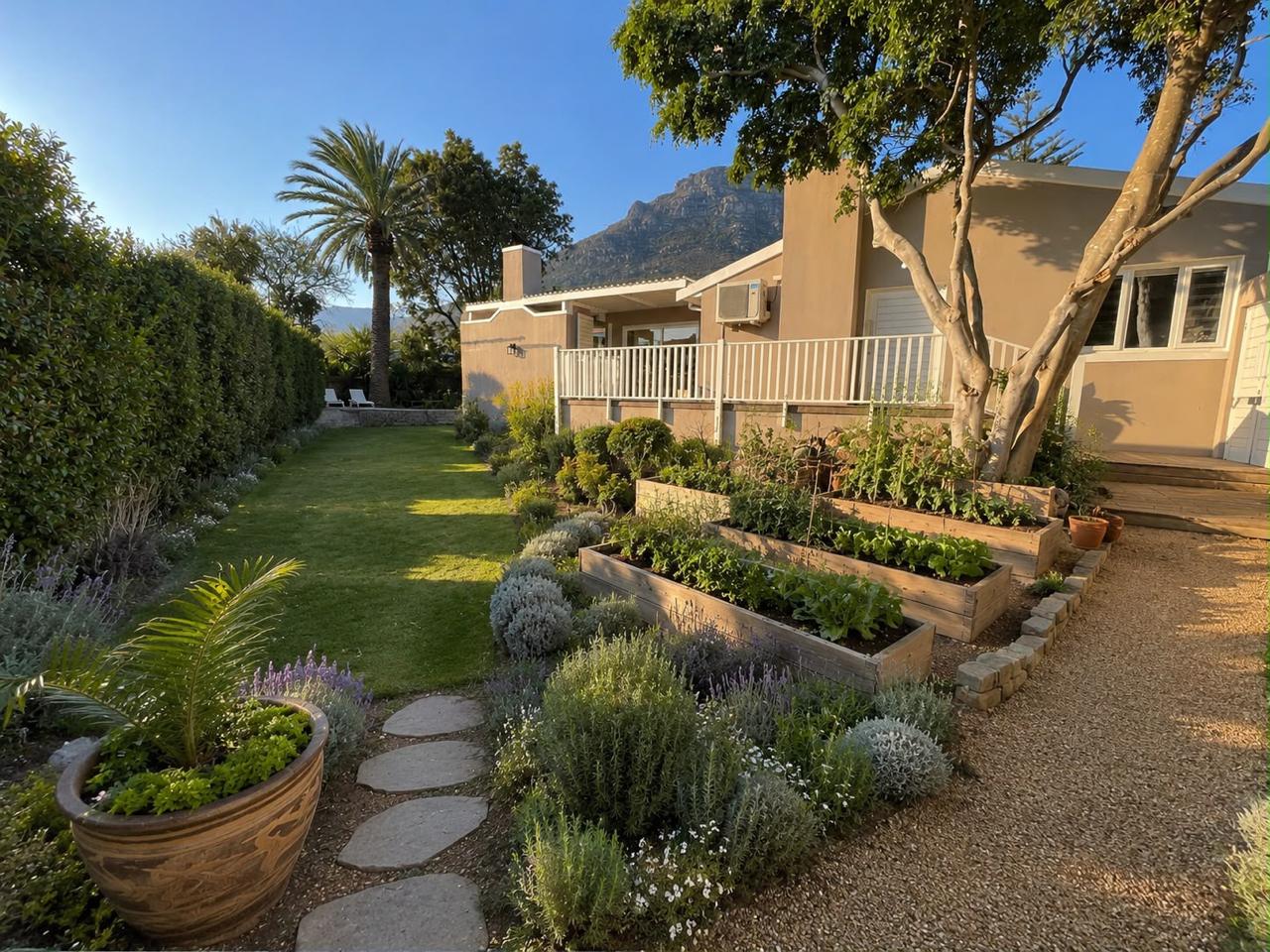 A garden with a lawn, planted borders and raised timber beds, supplied by Good Fellas